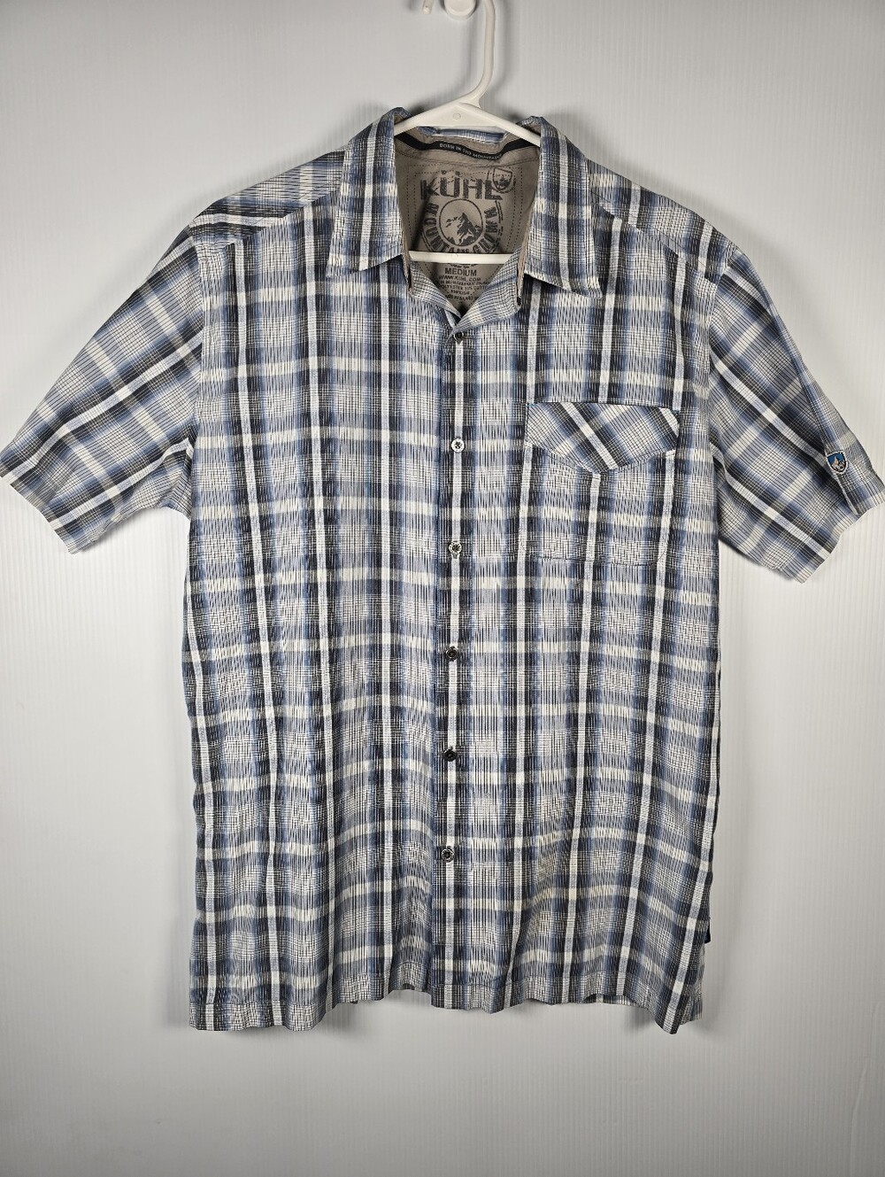 Kuhl Men’s Grey Plaid Short Sleeve Button Down Shirt Cotton Poly Casual Shirt M